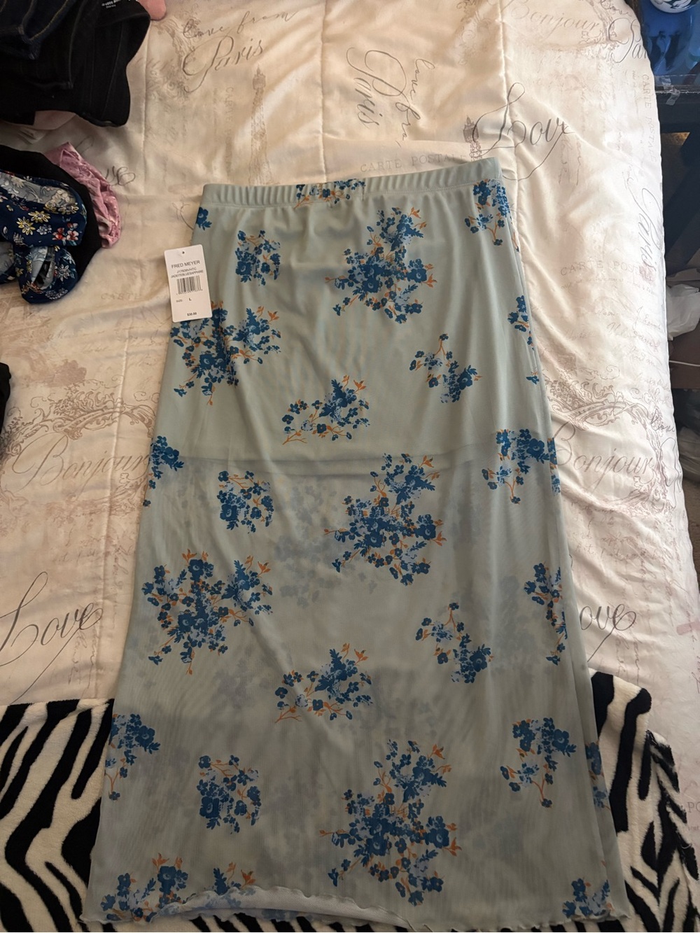 Light Blue Floral Midi Skirt with Blue Bouquet Print